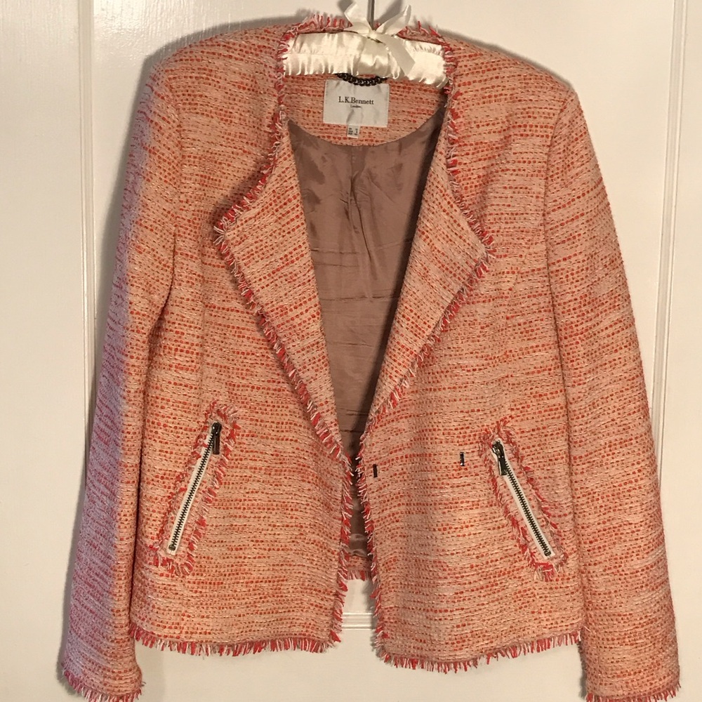 Women's Tweed Blazer Jacket in Pink & Cream Tailored Transition
Size 8 Fringed - Picture 9 of 10